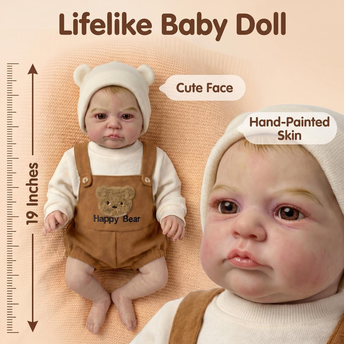 Comfort Hug 19 inch with Cloth Body Reborn Doll Cream Bear Hat Realistic Lifelike Face Perfect Bedroom Nursery Decor Present