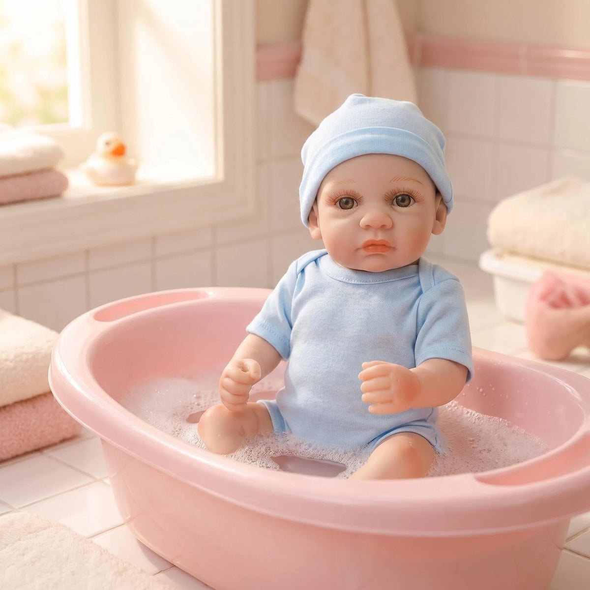 Classic Simple Newborn Look 12 Inch Full Vinyl Reborn Doll Complete Light Blue Clothing Set Hobby Collection Pocket Size Toy