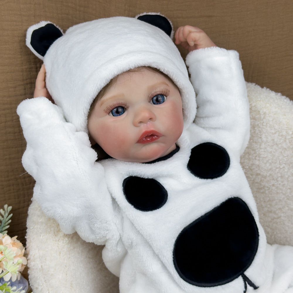 18 Inch Full-Vinyl Realistic Baby Doll, Fluffy Panda Onesie, Timeless Keepsake for Birthdays and Holiday Gift Seasons