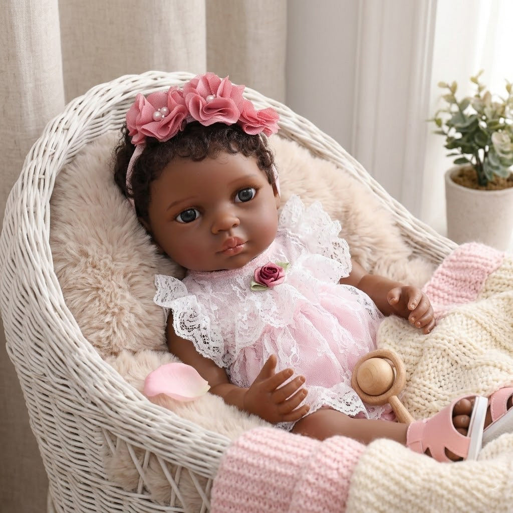 50CM Black Simulated Baby Doll Reborn Doll Black Skin Full Plastic Hair Transplant Girl African Doll