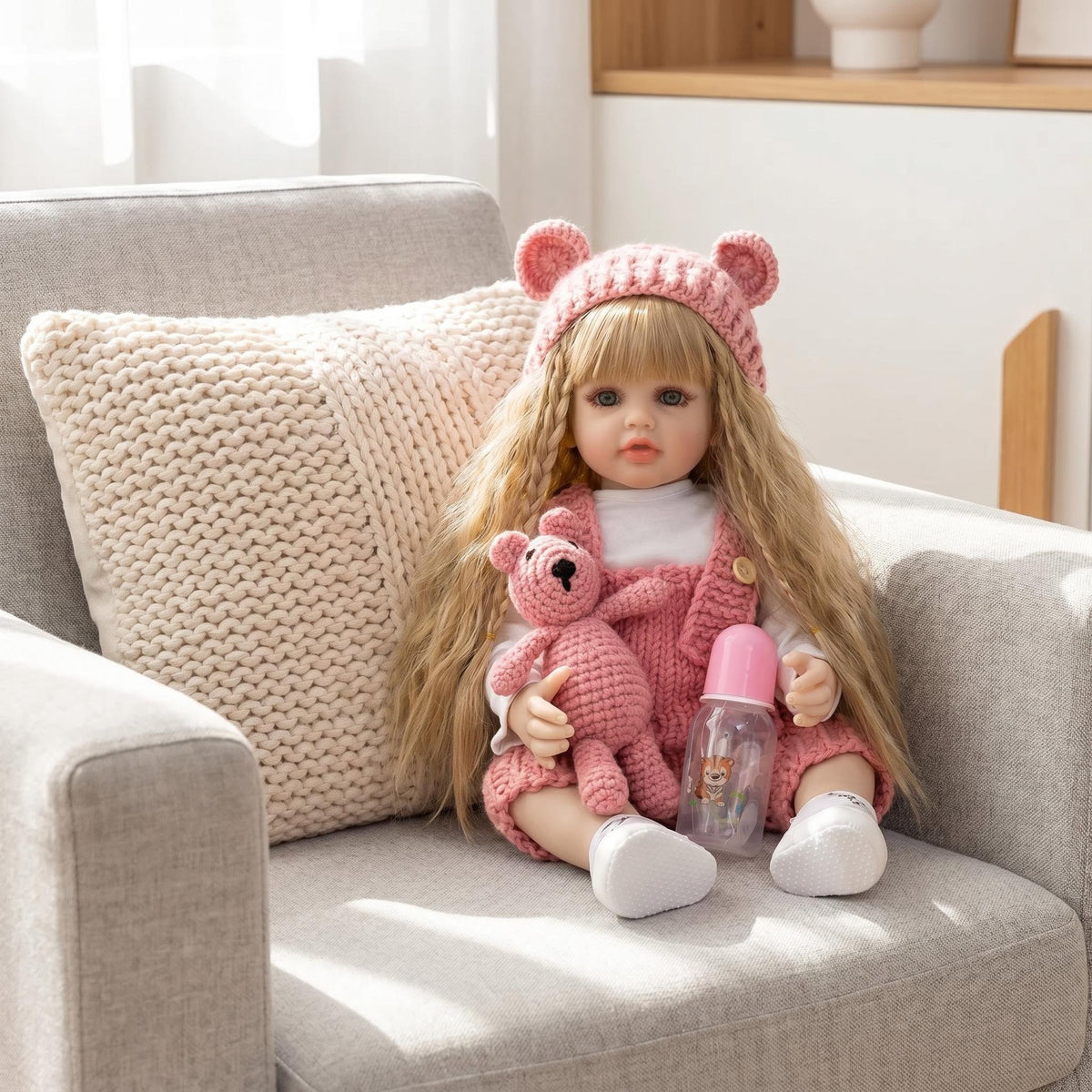 22 inch with Full Vinyl Reborn Doll Bear Ear Knit Hat Lifelike Blue Eyes Premium Surprise Gift For Birthday Parties And Holiday Celebrations