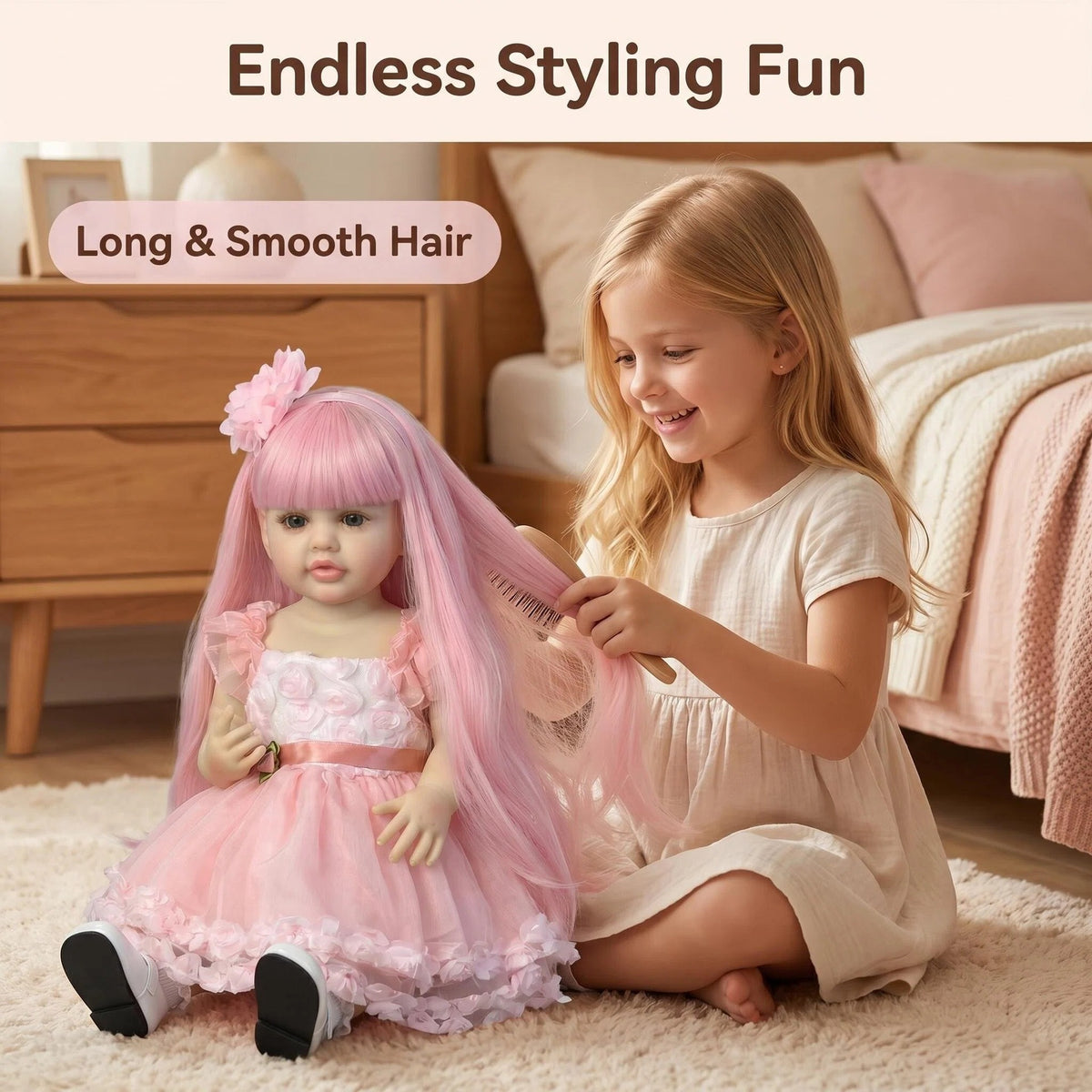 22 Inch Full Vinyl Body Reborn Doll Pink Long Hair Girl Doll Wonderful Baby Shower & All Occasion Companion Gift