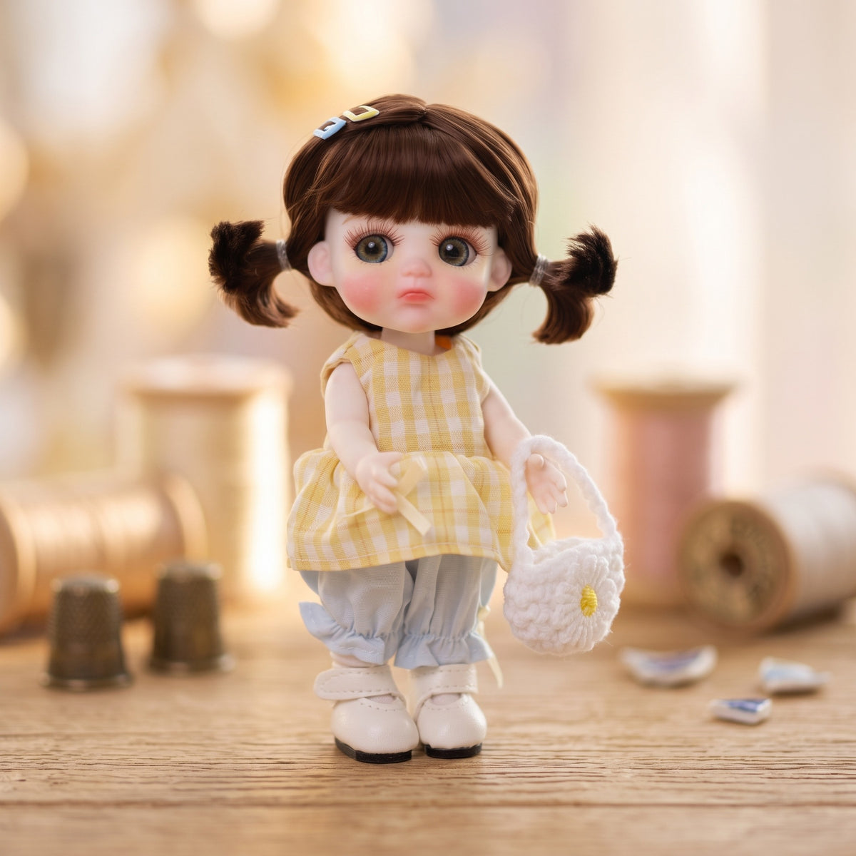 6 Inch Mini with Ceramic Body Cute Pigtails Yellow Gingham Outfit Collectible Desktop Decor Gift