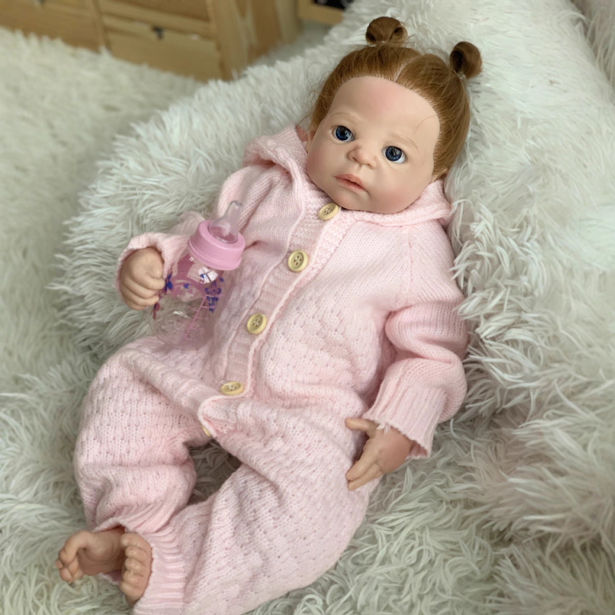 22 Inch Full Soild Silicone Reborn Doll Girl Realistic Lifelike Newborn Doll with Pink Knit Outfit & Feeding Bottle, Girl Toy for Collection Gift