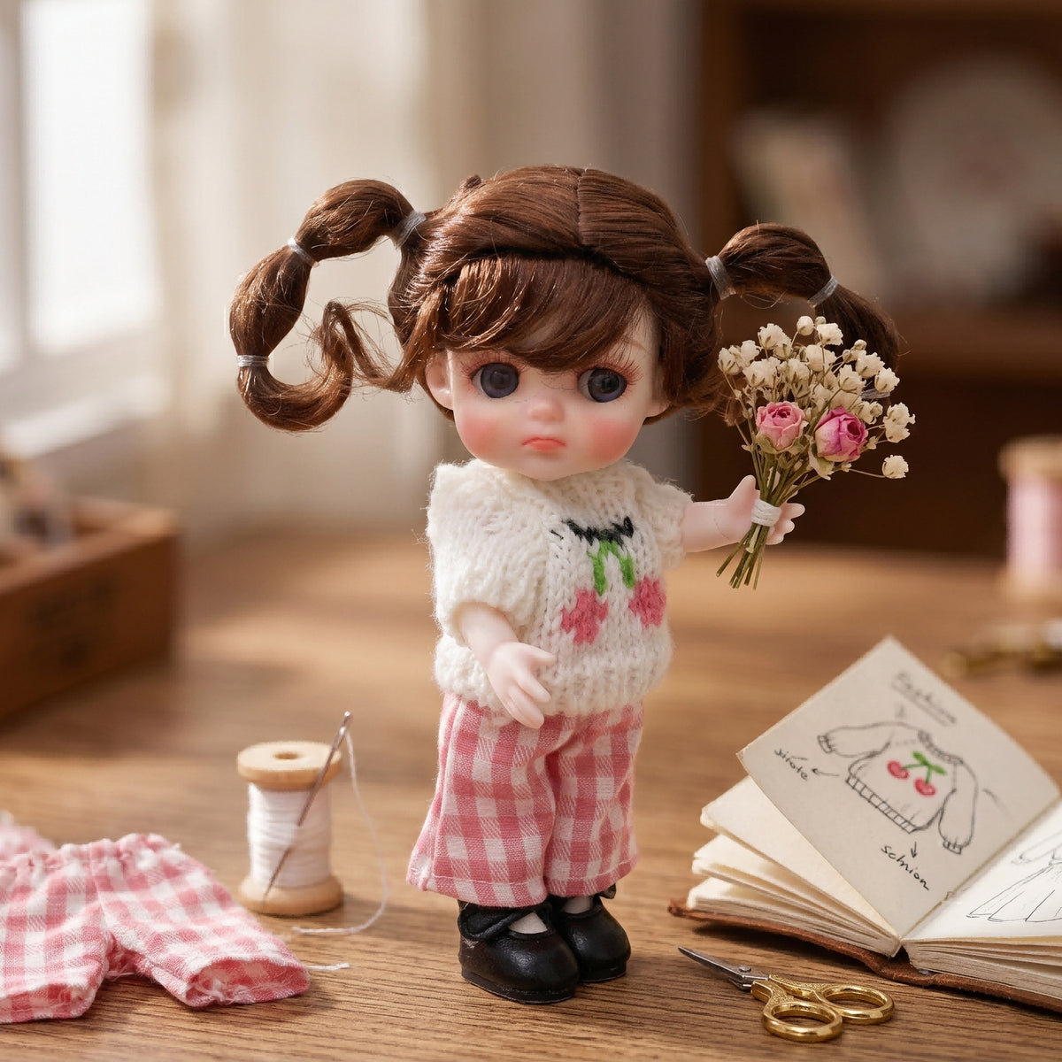 6 Inch Mini with Full Ceramic Body Doll Cute Double Ponytail Cherry Knit Outfit Collectible Desktop Decor Gift
