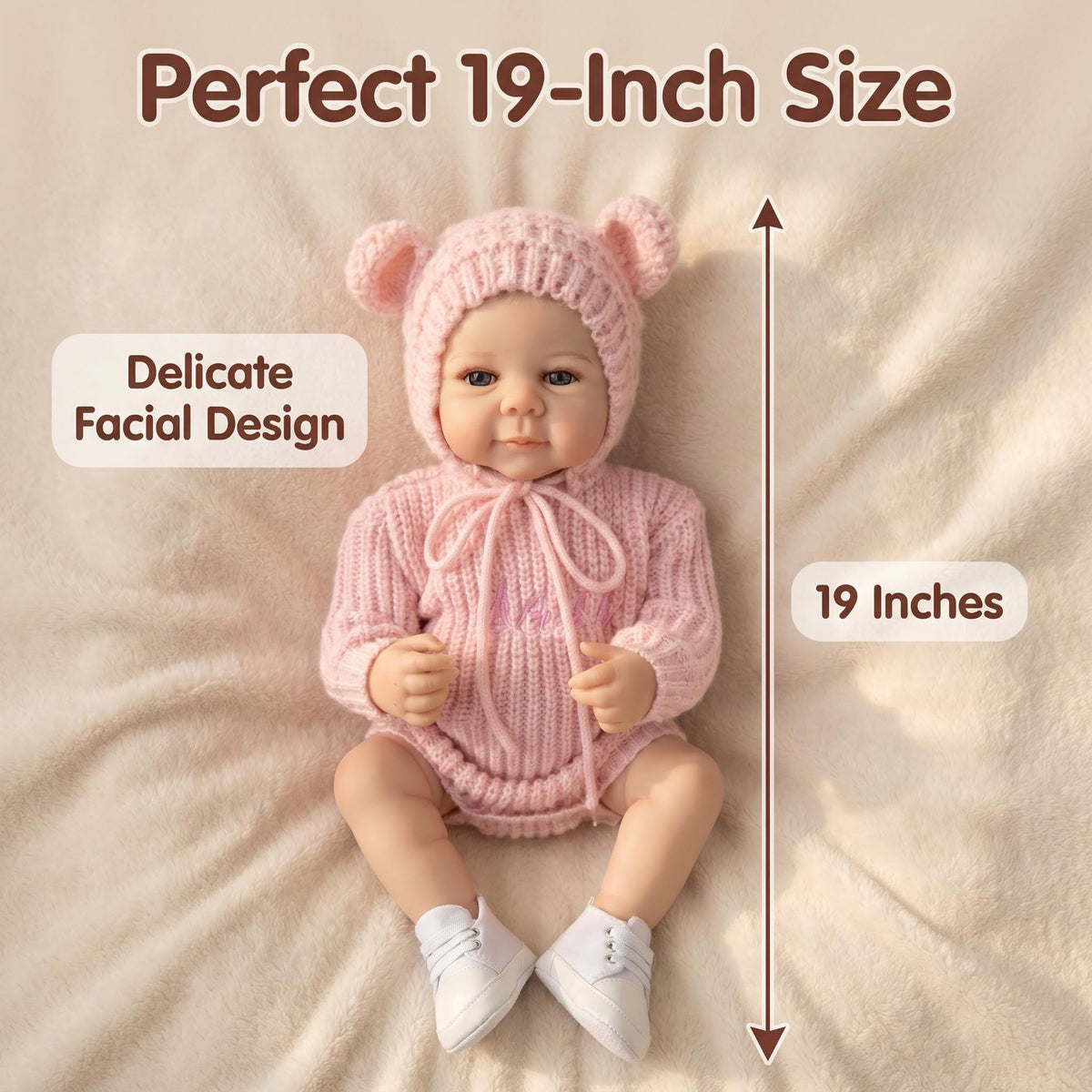 19 Inch with Full Vinyl Body Reborn Baby Doll Sweet Neutral Pink Knit Suit Nursery Simulation Doll as Gift for Girl