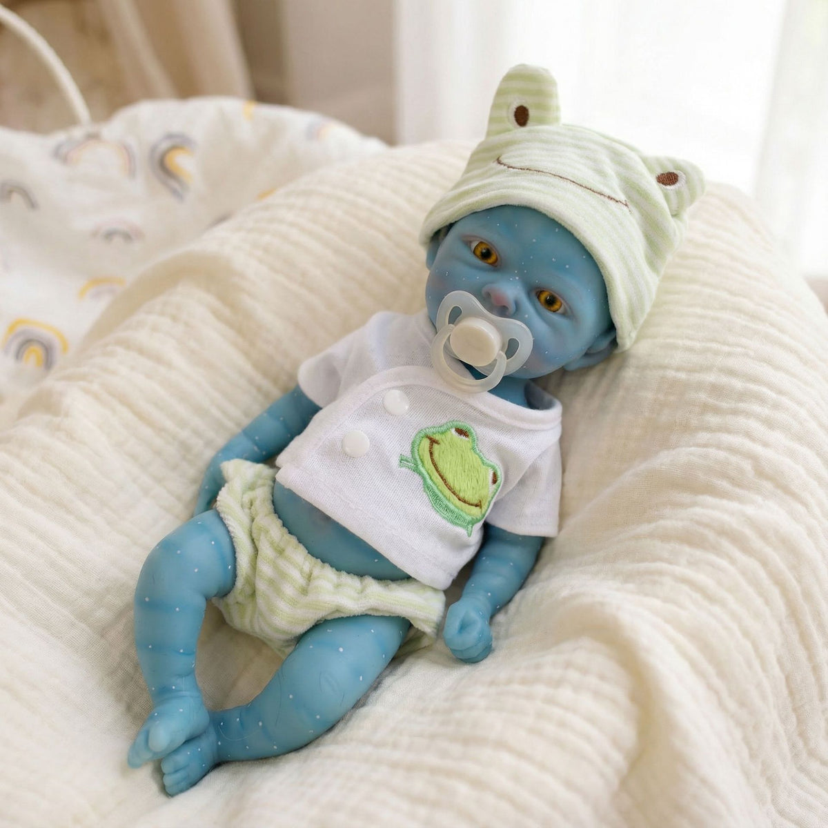 12 inch green striped frog hat fairy avatar solid silicone reincarnation doll for children's Christmas gift