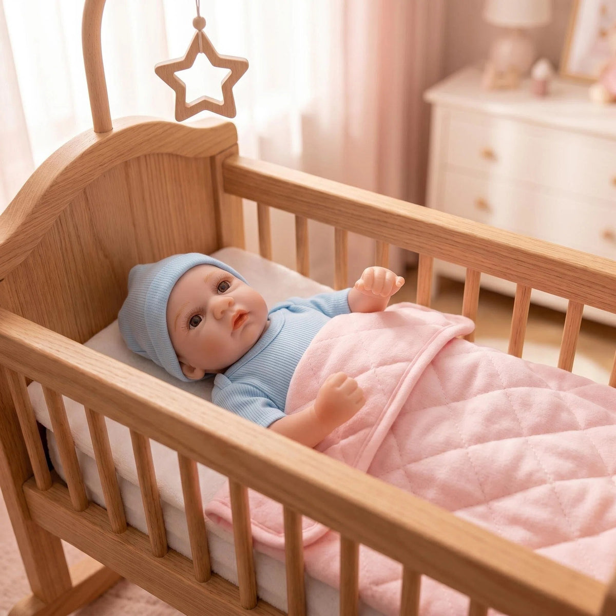 Classic Simple Newborn Look 12 Inch Full Vinyl Reborn Doll Complete Light Blue Clothing Set Hobby Collection Pocket Size Toy