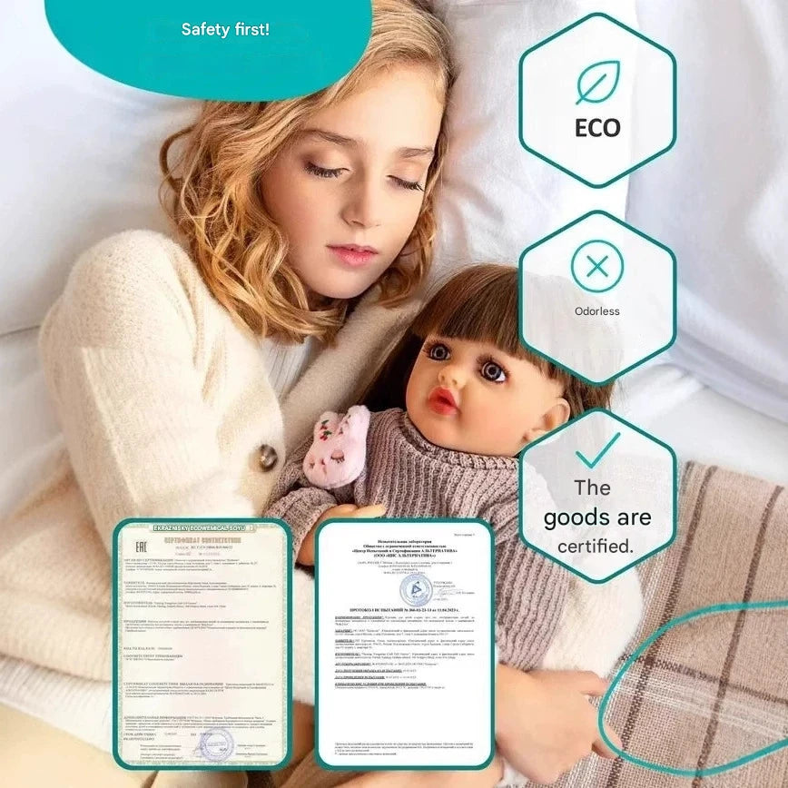 Woman holding a baby doll with certification and feature icons displayed.