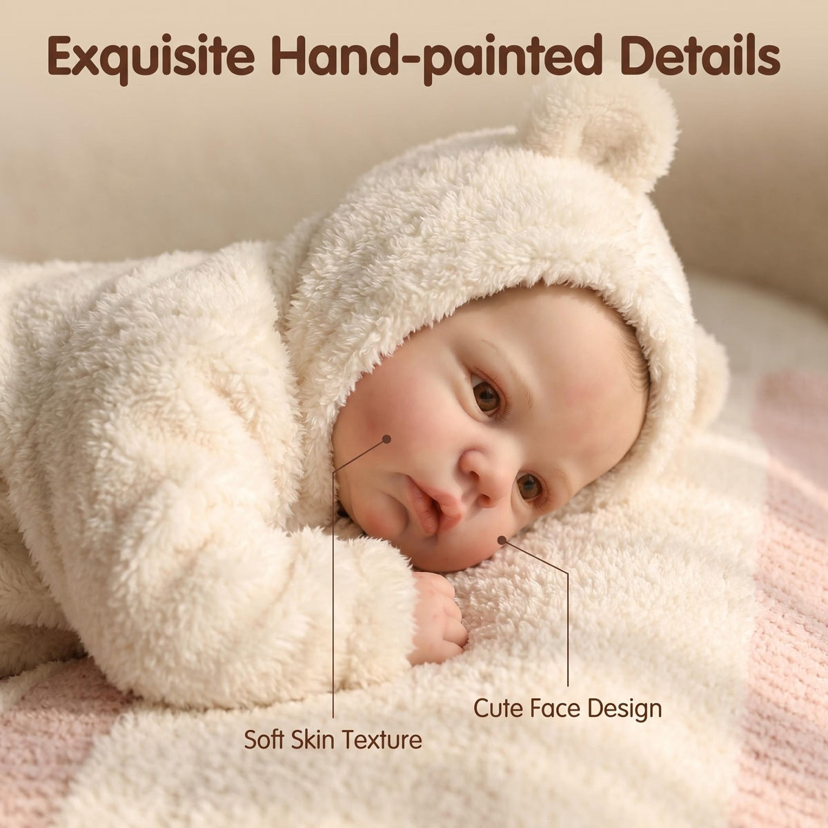 19 Inch with Cloth Body Awake Reborn Baby Doll, Cream Fluffy Bear Ear Hooded Footed Jumpsuit, Ideal Birthday, Christmas Holiday Gift, Cuddly Companion Toy For Kids & Adult Doll Enthusiasts