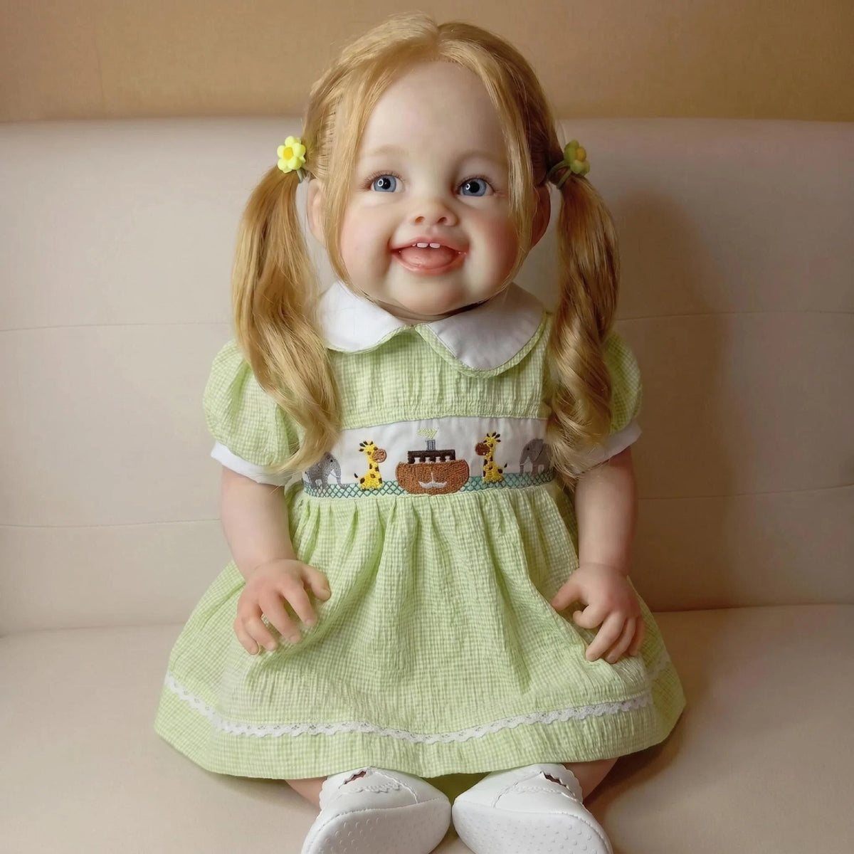 Cheerful Blonde Pigtail Reborn Girl 24 inch With Cloth Body Animal Pattern Dress, Comfort Companion Doll, Unique Surprise Gift For Birthday Parties And Western Festivals