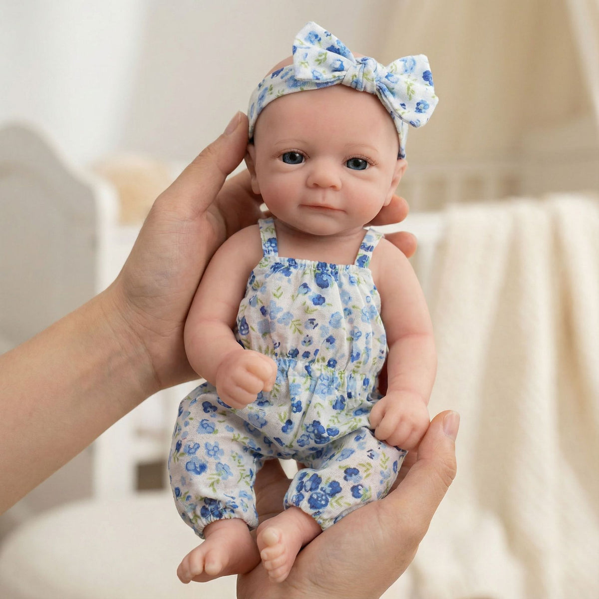 12 inch blue floral suspender jumpsuit, solid silicone reincarnation doll, giving children Christmas gifts