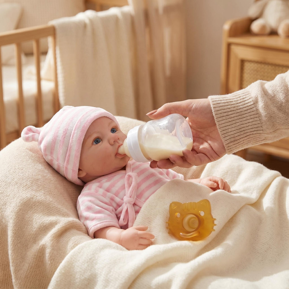 12 Inch with Full Silicone Body Reborn Doll In Pink Striped Bear Ear Hat & Wrap Outfit, Portable Hug Companion Toy for Kids and Adult Collectors, Ideal Surprise Gift for Birthdays, Baby Showers and Holiday Celebrations