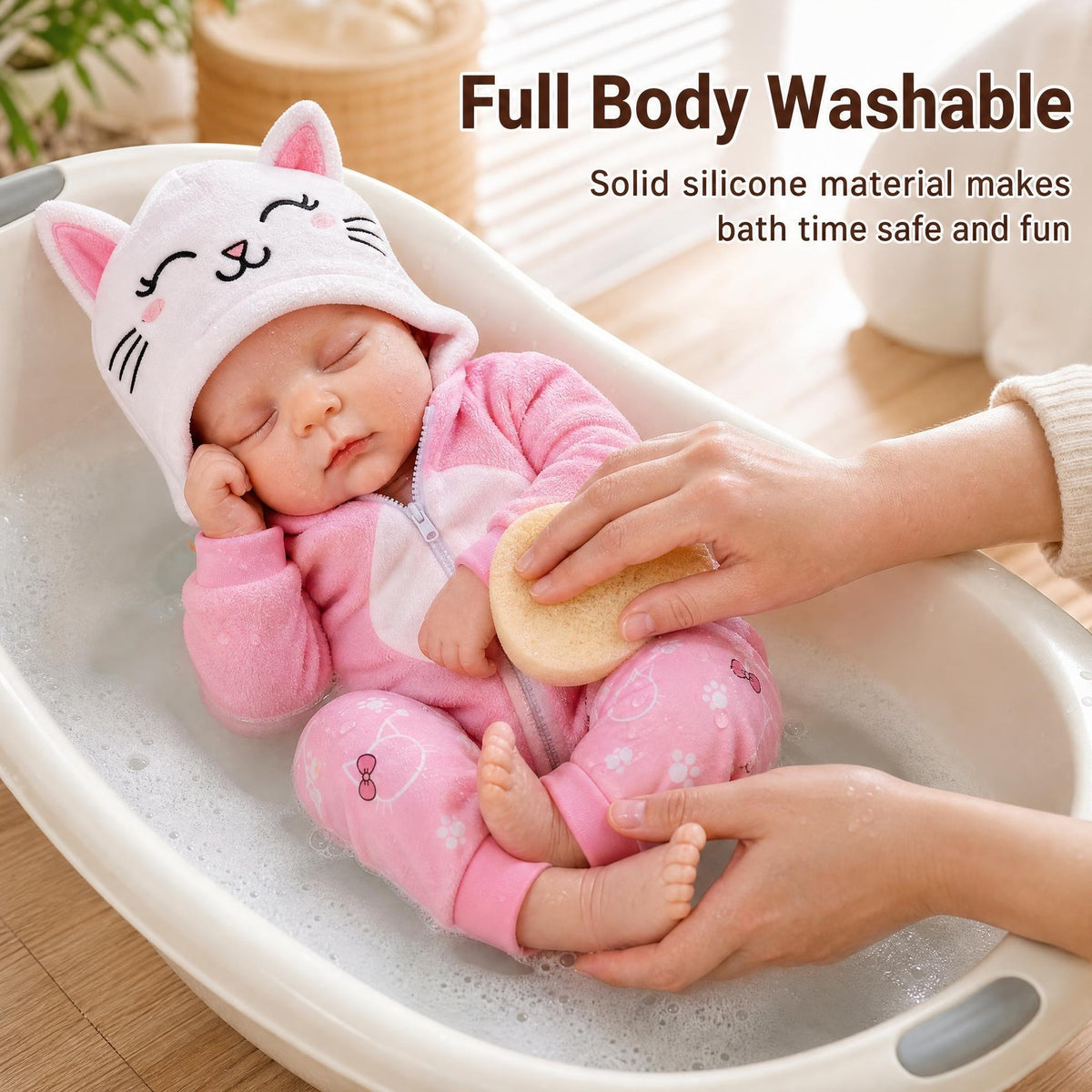 16 inch solid soft platinum silicone kitten hat doll with open mouth as a gift for children