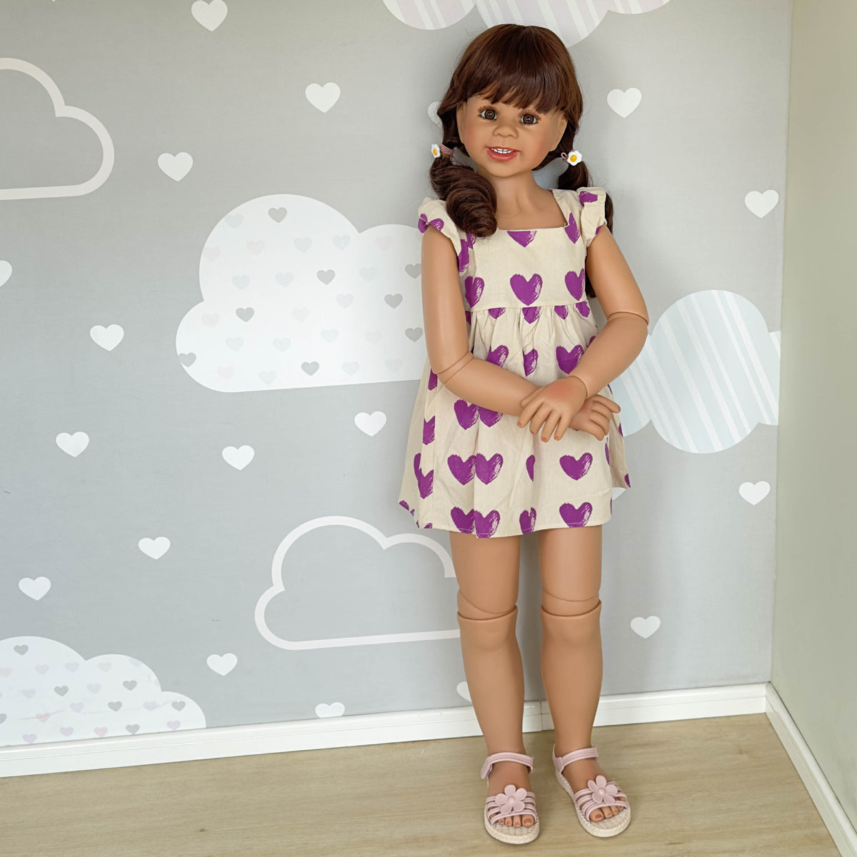 43 Inch Standing Toddler Reborn Dolls with Full Vinyl Body Life Size Girl Doll Purple Heart Print Flutter Sleeve Dress, Perfect Birthday Christmas Holiday Gift Companion Toy For Kids & Adult Collectors