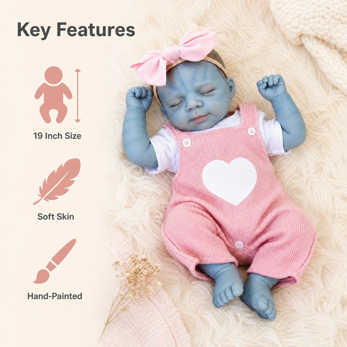 19 inch Lifelike Avatar Reborn Baby Doll Soft Cloth Body Painted Hair Handmade Gift