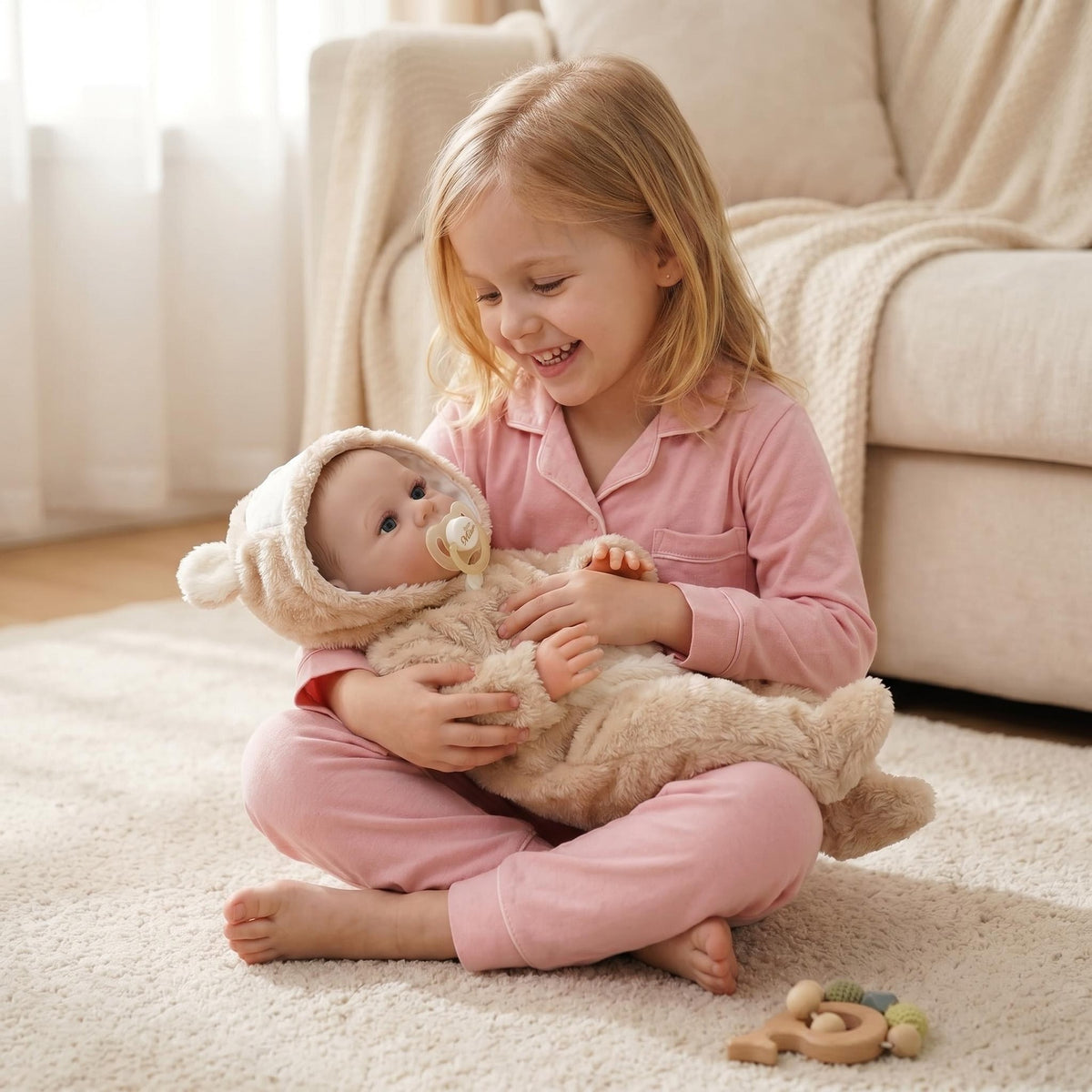 Lifelike Open-Eyed Baby Doll 18 Inch with Cloth Body Bear Hood Romper, Companion Toy Suitable For Nursery Decor & All Occasion Holiday Gifting