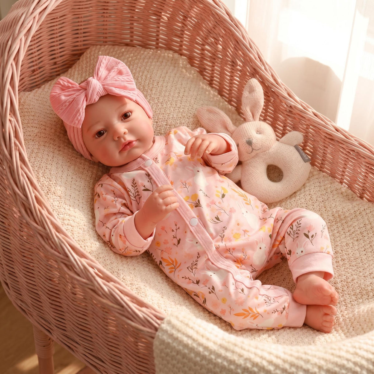 Soft Touch 19 inch with Full Vinyl Body Reborn Doll Floral Rabbit Print Zipper Jumpsuit Complete Cute Outfit For Pretend Play & Interior Decor