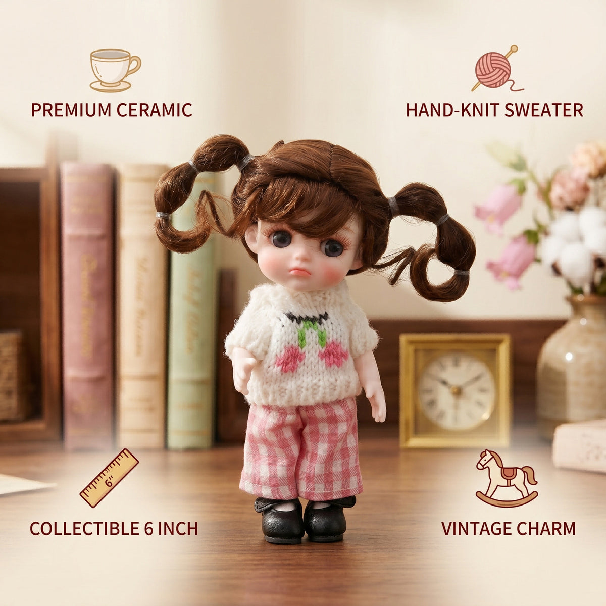 6 inch Mini with Full ceramic Body, Handmade Clothes Tabletop Ornament For Doll Collectors
