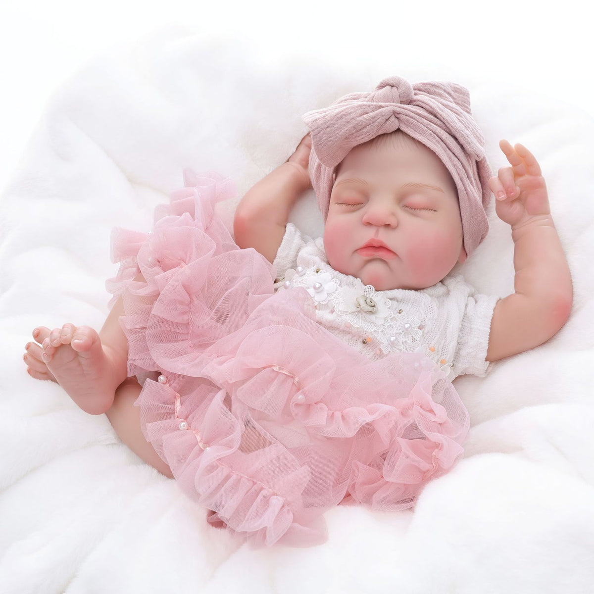 Real Lifelike Sleeping Reborn Doll 18 inch with Cloth Body, Knotted Pink Headband, Holiday Gift for Girls & Doll Collectors