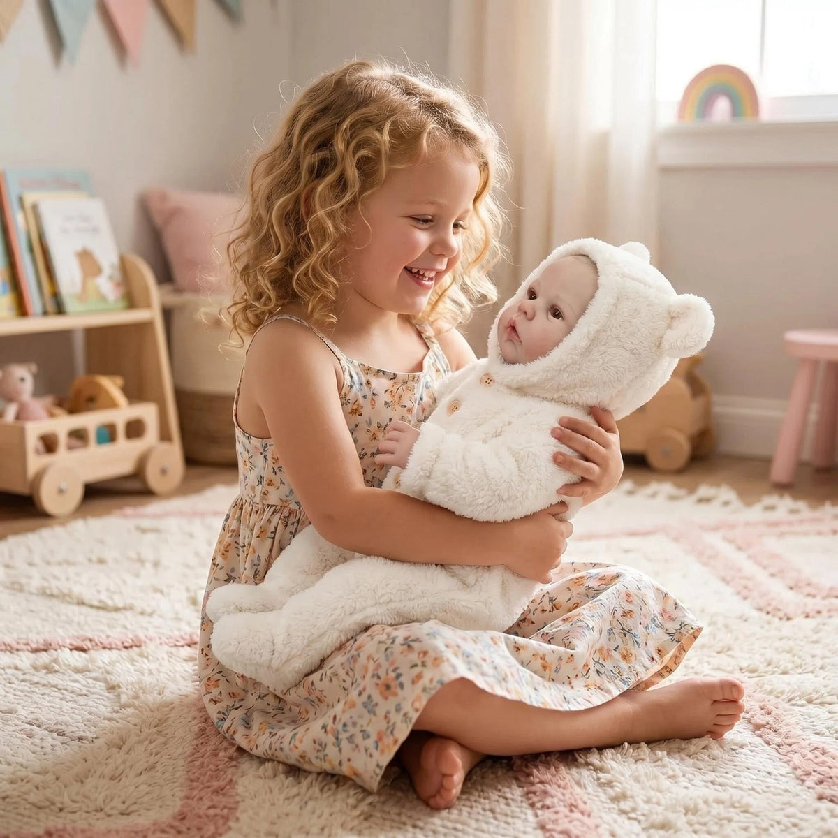 19 Inch with Cloth Body Awake Reborn Baby Doll, Cream Fluffy Bear Ear Hooded Footed Jumpsuit, Ideal Birthday, Christmas Holiday Gift, Cuddly Companion Toy For Kids & Adult Doll Enthusiasts