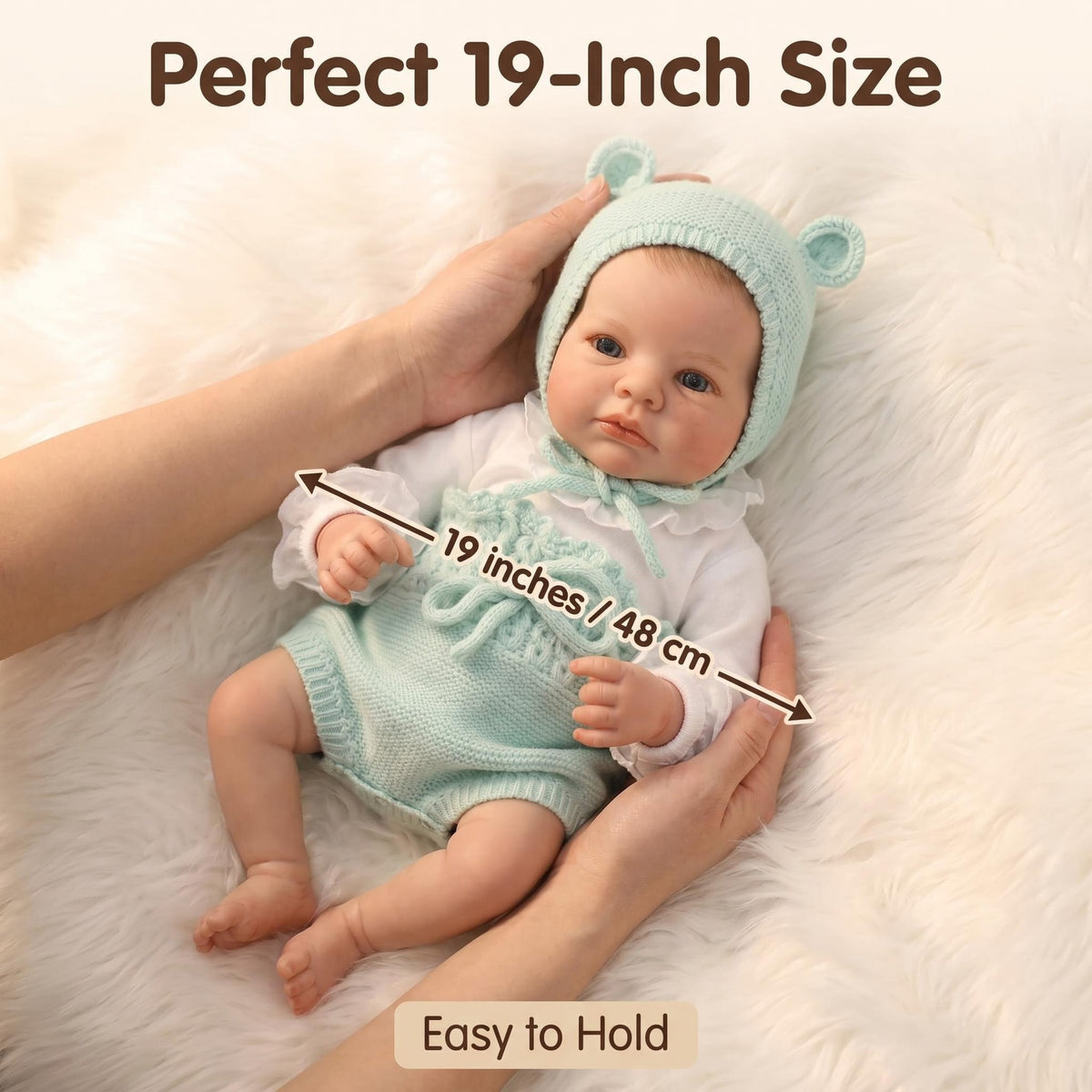 19 inch with Cloth Body Reborn Doll Knotted Bear Ear Bonnet Textured Knit Romper Nursery Tabletop Display Prop