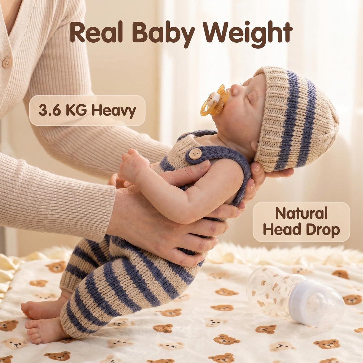 Newborn Simulation 18 Inch Full Soild Silicone Body Sleeping Doll Neutral Striped Knit Suit For Pretend Care & Hobby Collection