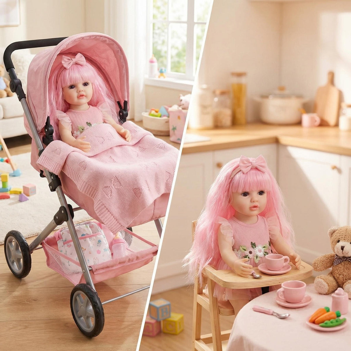 22inch Betty Full Body Vinyl Reborn Doll Lifelike Pink Curly Hair Girl Realistic 3D Skin with Visible Veins Handmade doll