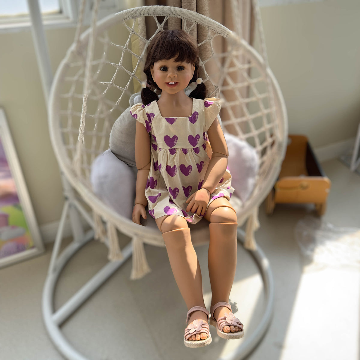 43 Inch Standing Toddler Reborn Dolls with Full Vinyl Body Life Size Girl Doll Purple Heart Print Flutter Sleeve Dress, Perfect Birthday Christmas Holiday Gift Companion Toy For Kids & Adult Collectors