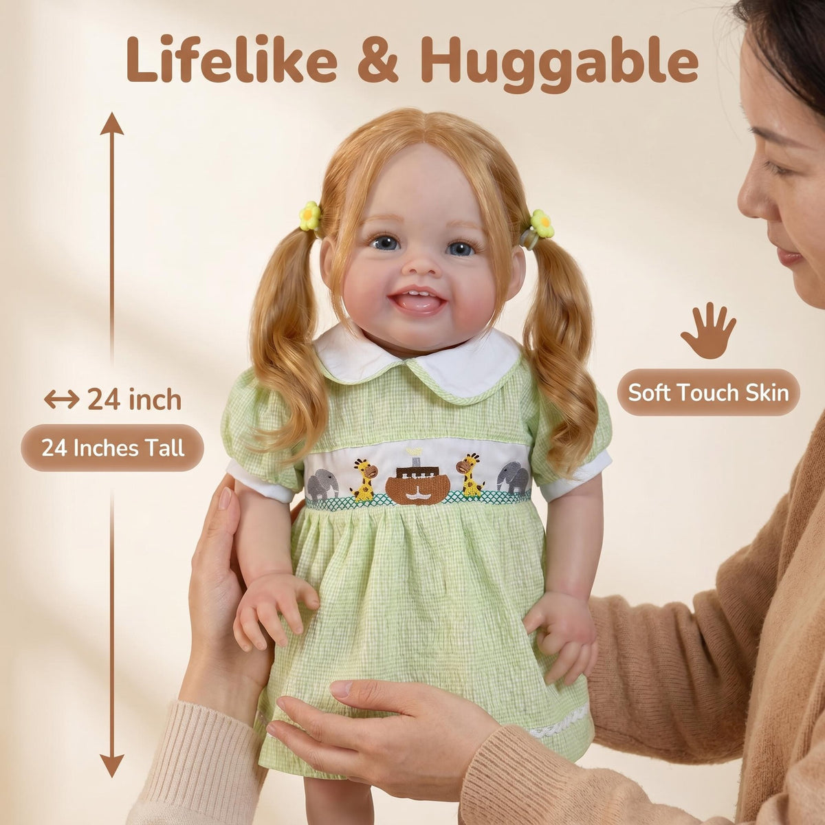 Cheerful Blonde Pigtail Reborn Girl 24 inch With Cloth Body Animal Pattern Dress, Comfort Companion Doll, Unique Surprise Gift For Birthday Parties And Western Festivals