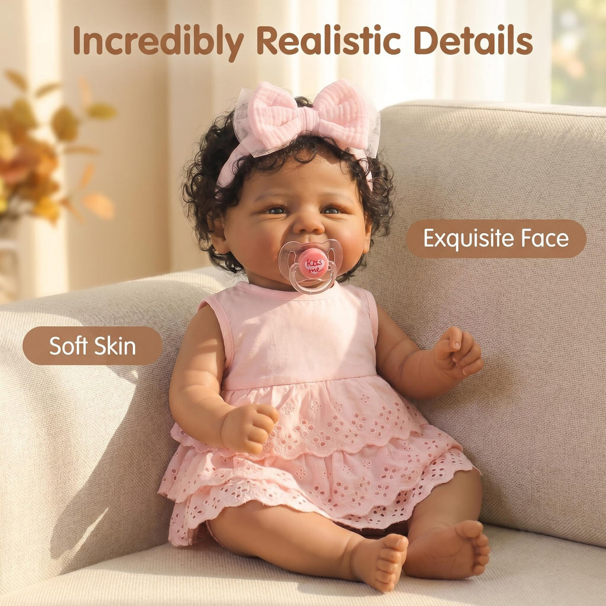 19 Inch With Cloth Body Reborn Baby Doll, Pink Eyelet Lace Dress, Big Mesh Bow Headband, Lovely Gift Option for Birthdays, Christmas and Holiday Celebrations, Huggable Companion Toy for Kids and Adult Doll Collectors