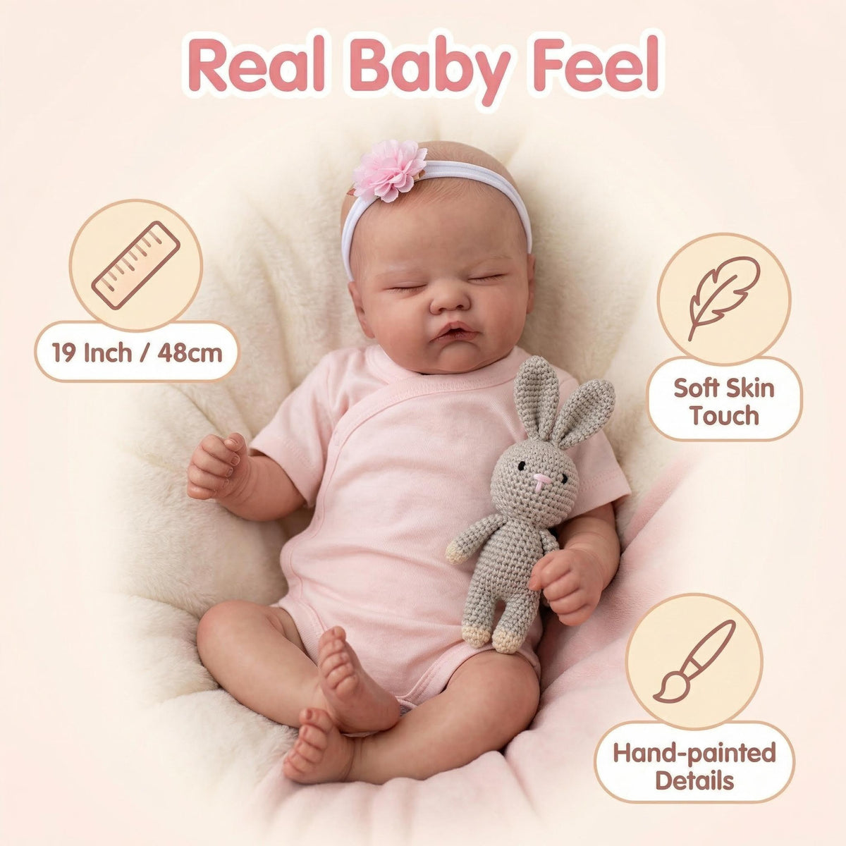 Realistic Sleeping Baby Doll 19 Inch with Cloth Body Floral Headband , Companion Toy Suitable For Nursery Photoshoot & All Occasion Holiday Gifting
