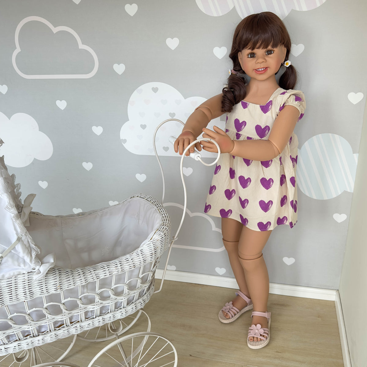 43 Inch Standing Toddler Reborn Dolls with Full Vinyl Body Life Size Girl Doll Purple Heart Print Flutter Sleeve Dress, Perfect Birthday Christmas Holiday Gift Companion Toy For Kids & Adult Collectors