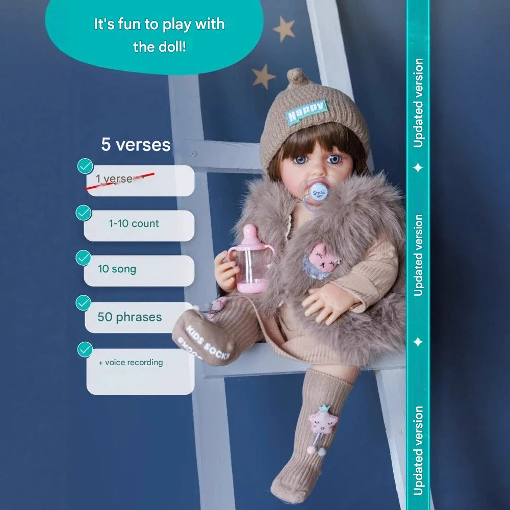 Toy doll with accessories on a ladder against a blue background