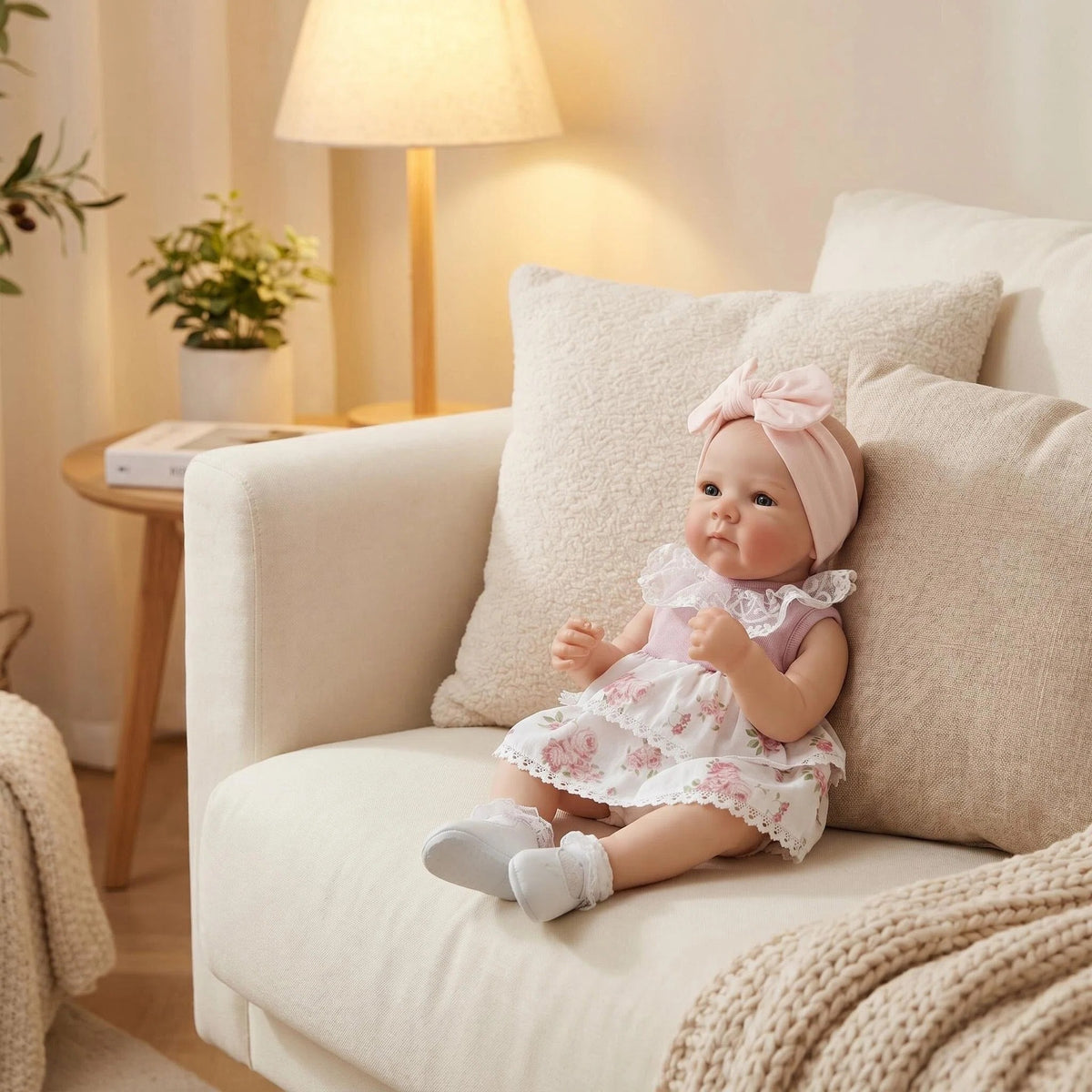 Floral Lace Dress 18 Inch Full Vinyl Body Reborn Doll Big Pink Bow Turban Open Eyes Realistic Outdoor Style Newborn Collectible