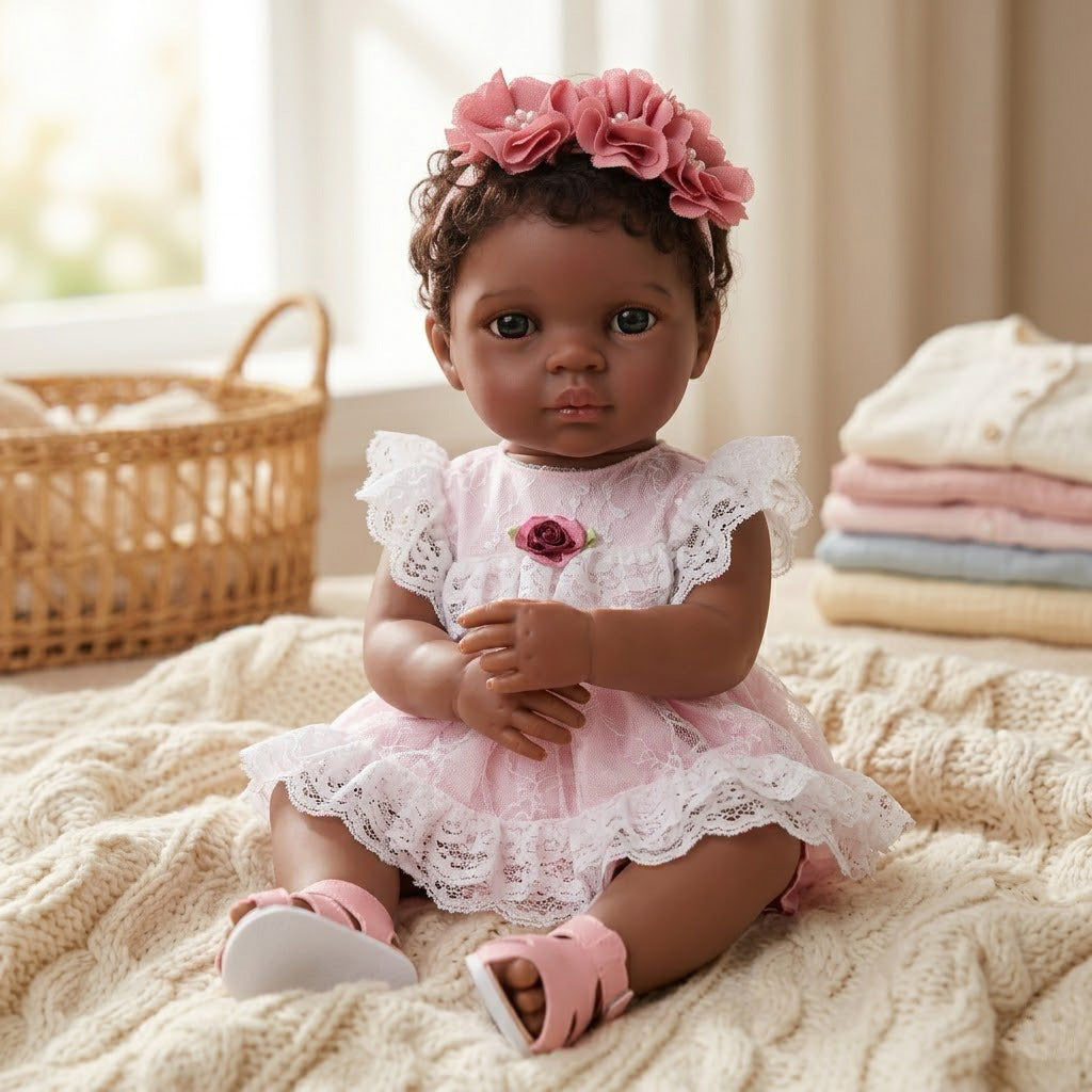 50CM Black Simulated Baby Doll Reborn Doll Black Skin Full Plastic Hair Transplant Girl African Doll