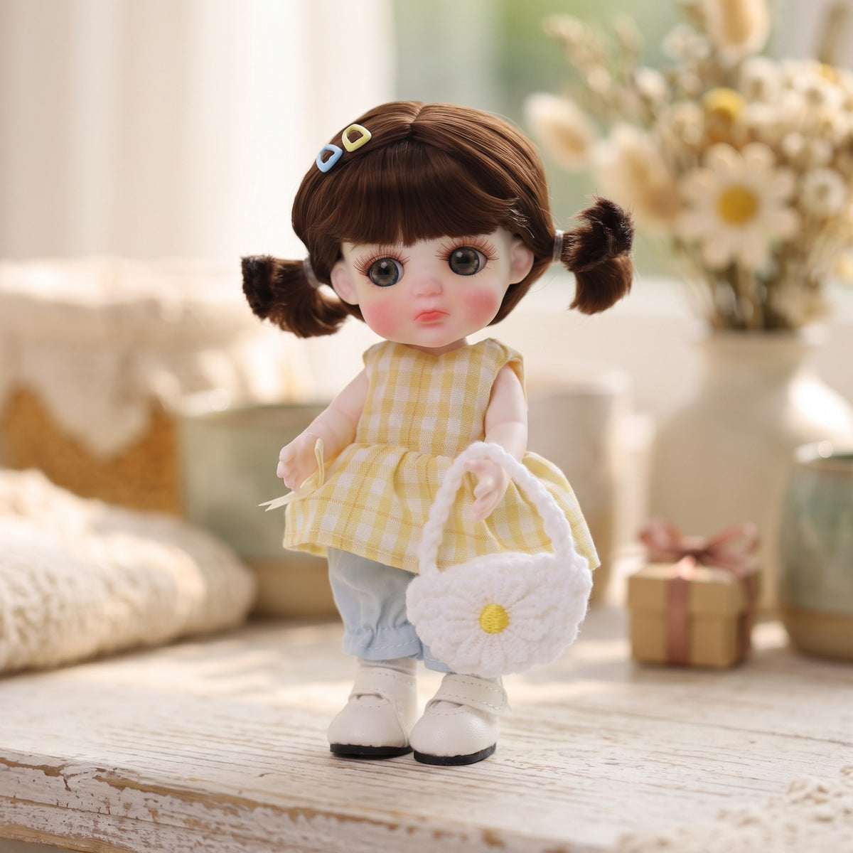 6 Inch Mini with Ceramic Body Cute Pigtails Yellow Gingham Outfit Collectible Desktop Decor Gift