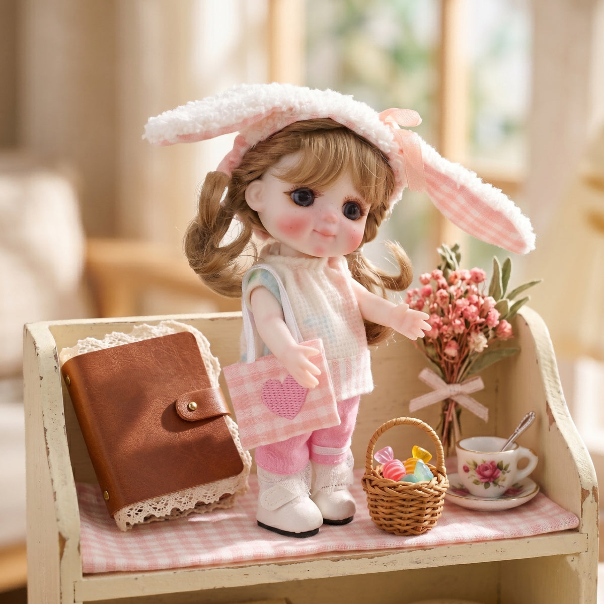 6 Inch Mini with Full Ceramic Body Doll Cute Double Ponytail Cherry Knit Outfit Collectible Desktop Decor Gift