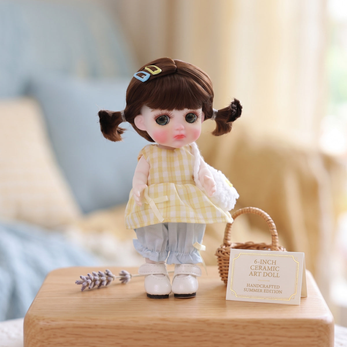 6 Inch Mini with Ceramic Body Cute Pigtails Yellow Gingham Outfit Collectible Desktop Decor Gift