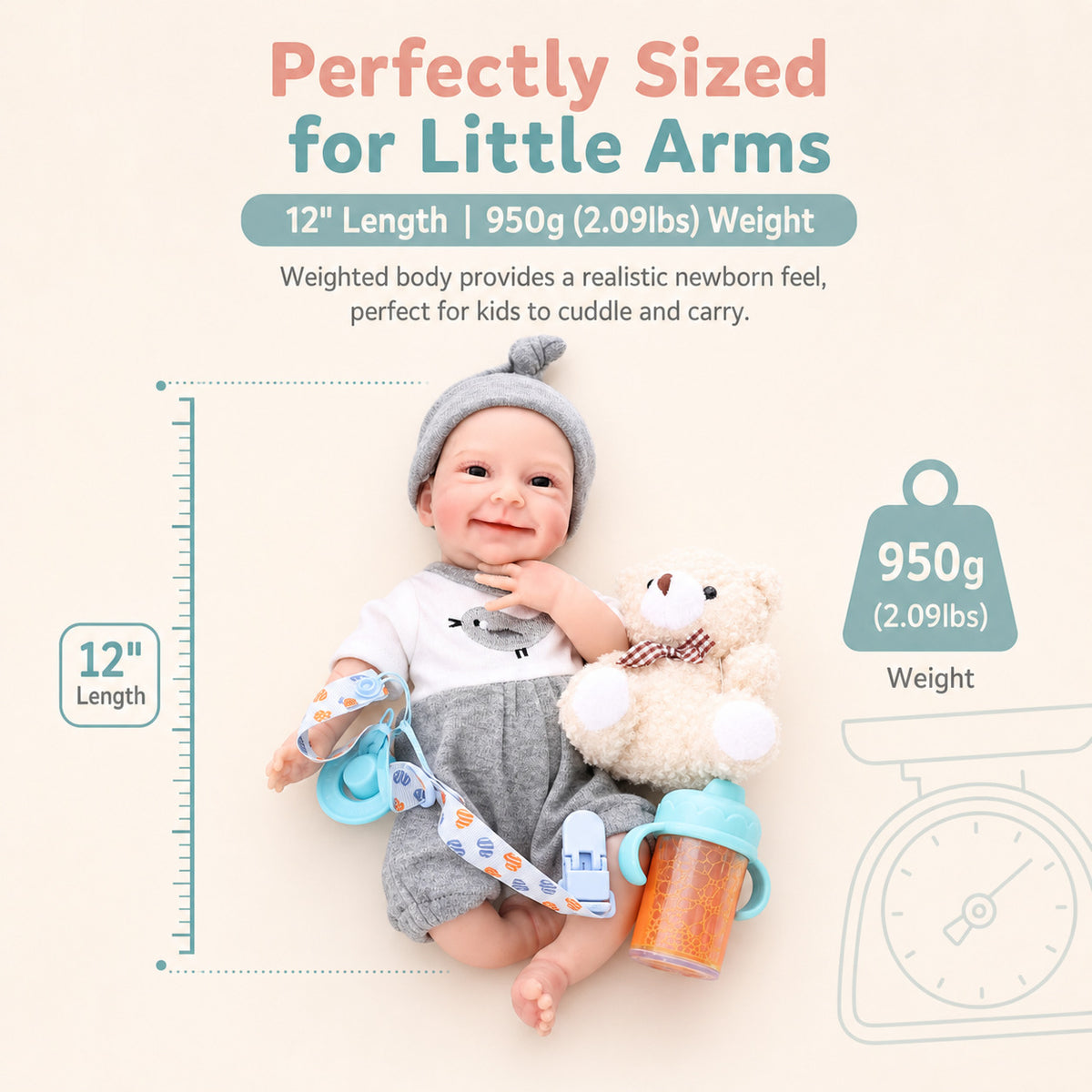 12 Inch Handcrafted Reborn Baby Doll with Full Soild Silicone Body, Gift Toy for Little Girls Collectors