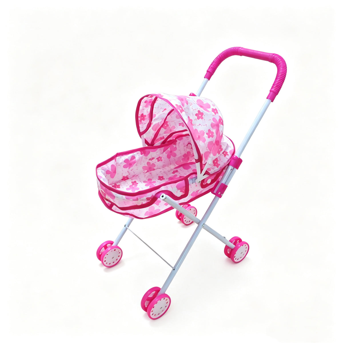 Realistic 4-Wheel Doll Stroller, Adjustable Handle & Canopy Doll Buggy, Safe Toy Stroller for 3+ Years Old Girls
