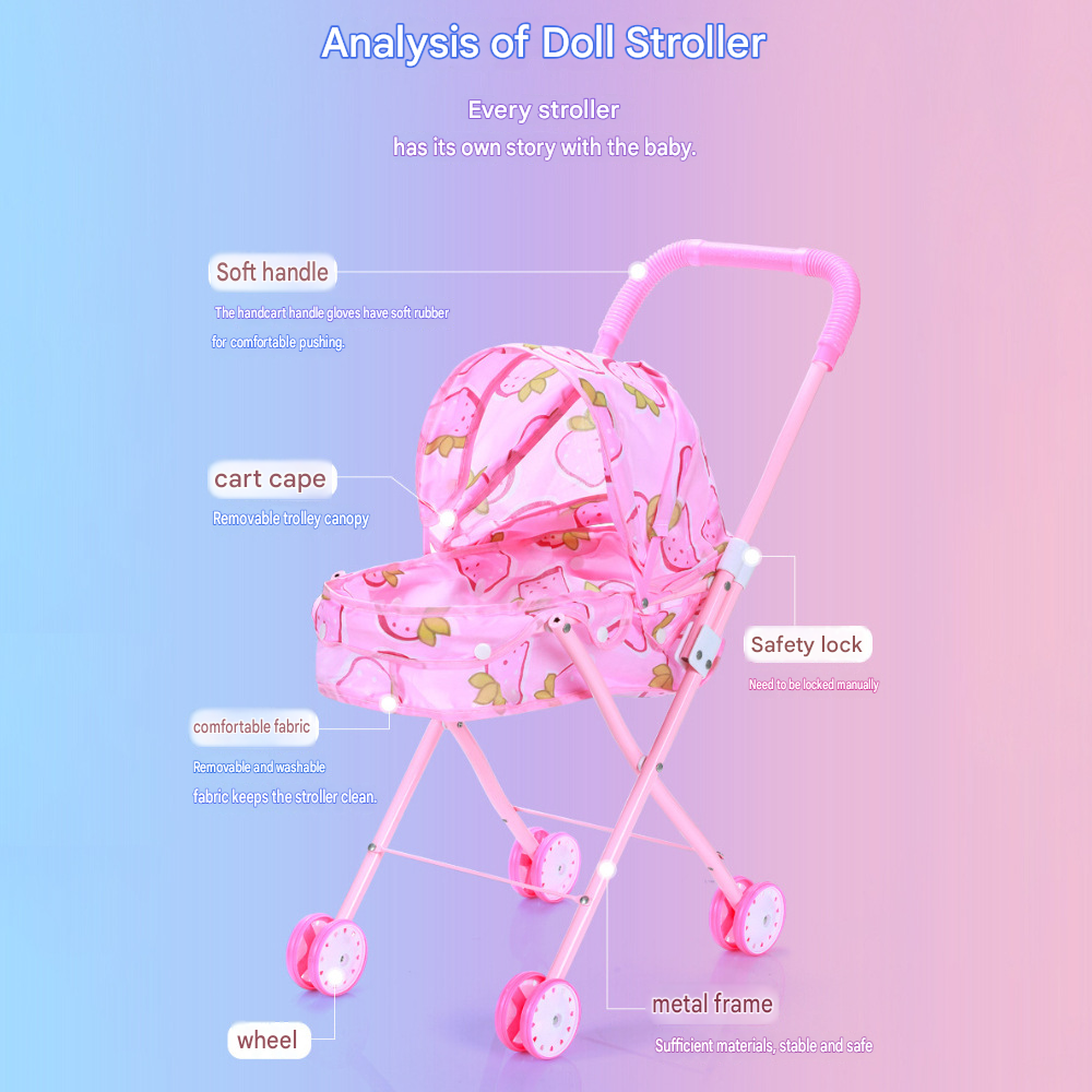 Realistic 4-Wheel Doll Stroller, Adjustable Handle & Canopy Doll Buggy, Safe Toy Stroller for 3+ Years Old Girls