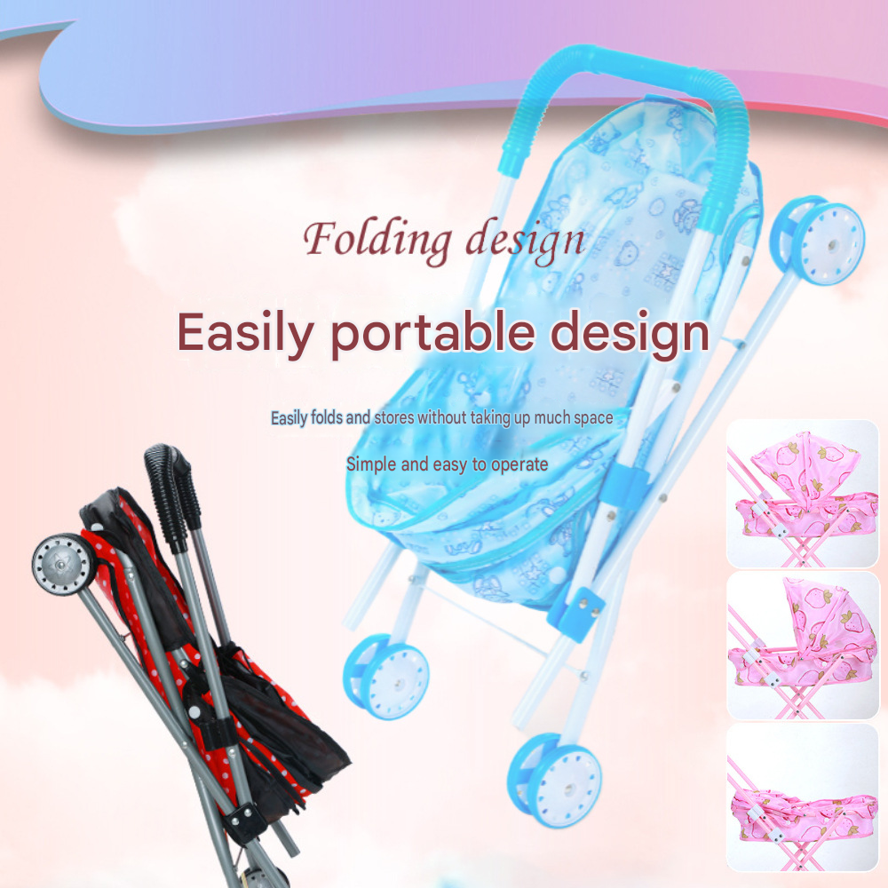 Realistic 4-Wheel Doll Stroller, Adjustable Handle & Canopy Doll Buggy, Safe Toy Stroller for 3+ Years Old Girls