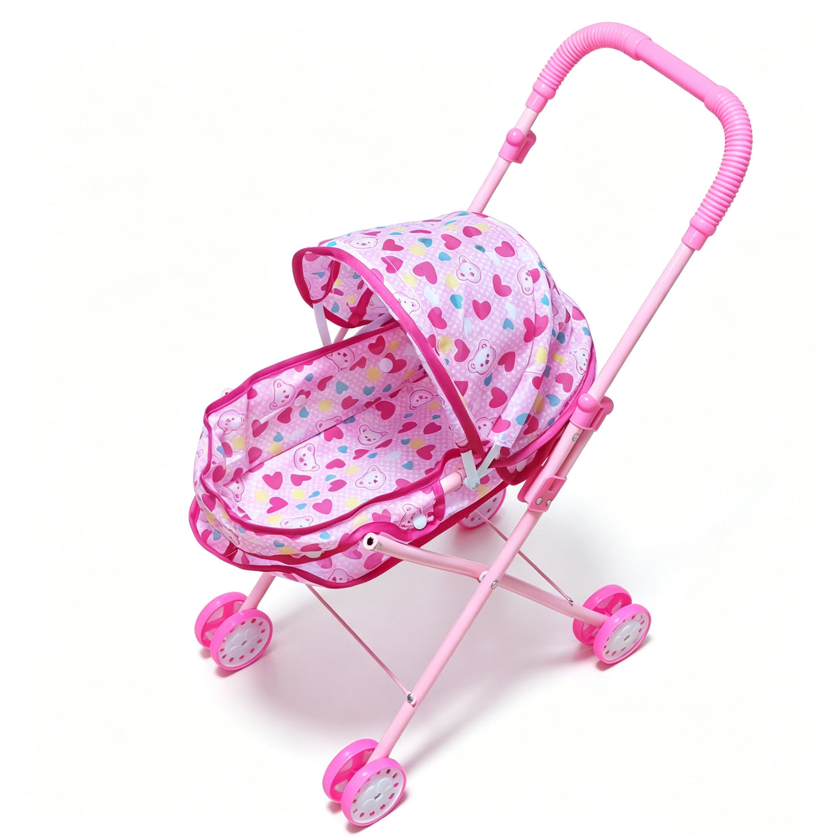 Realistic 4-Wheel Doll Stroller, Adjustable Handle & Canopy Doll Buggy, Safe Toy Stroller for 3+ Years Old Girls