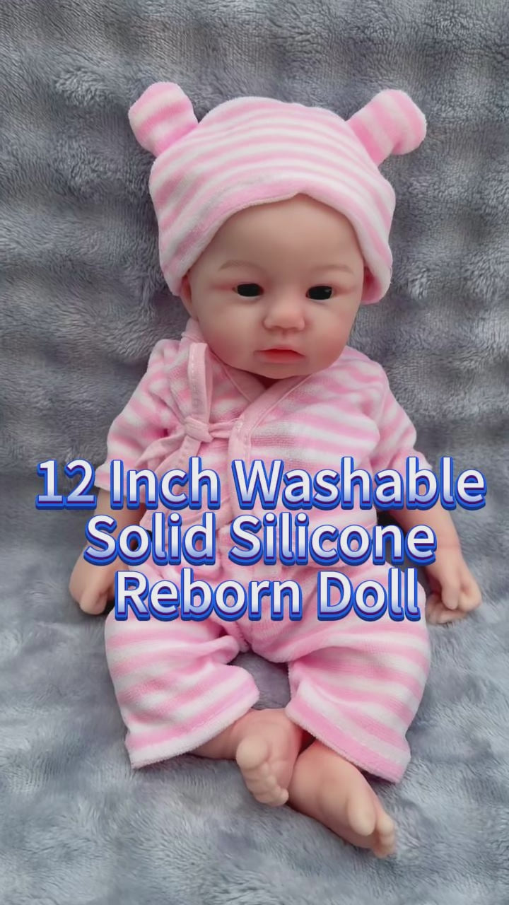 12 Inch with Full Silicone Body Reborn Doll In Pink Striped Bear Ear Hat & Wrap Outfit, Portable Hug Companion Toy for Kids and Adult Collectors, Ideal Surprise Gift for Birthdays, Baby Showers and Holiday Celebrations