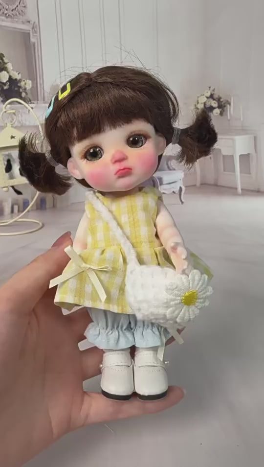 6 Inch Mini with Ceramic Body Cute Pigtails Yellow Gingham Outfit Collectible Desktop Decor Gift